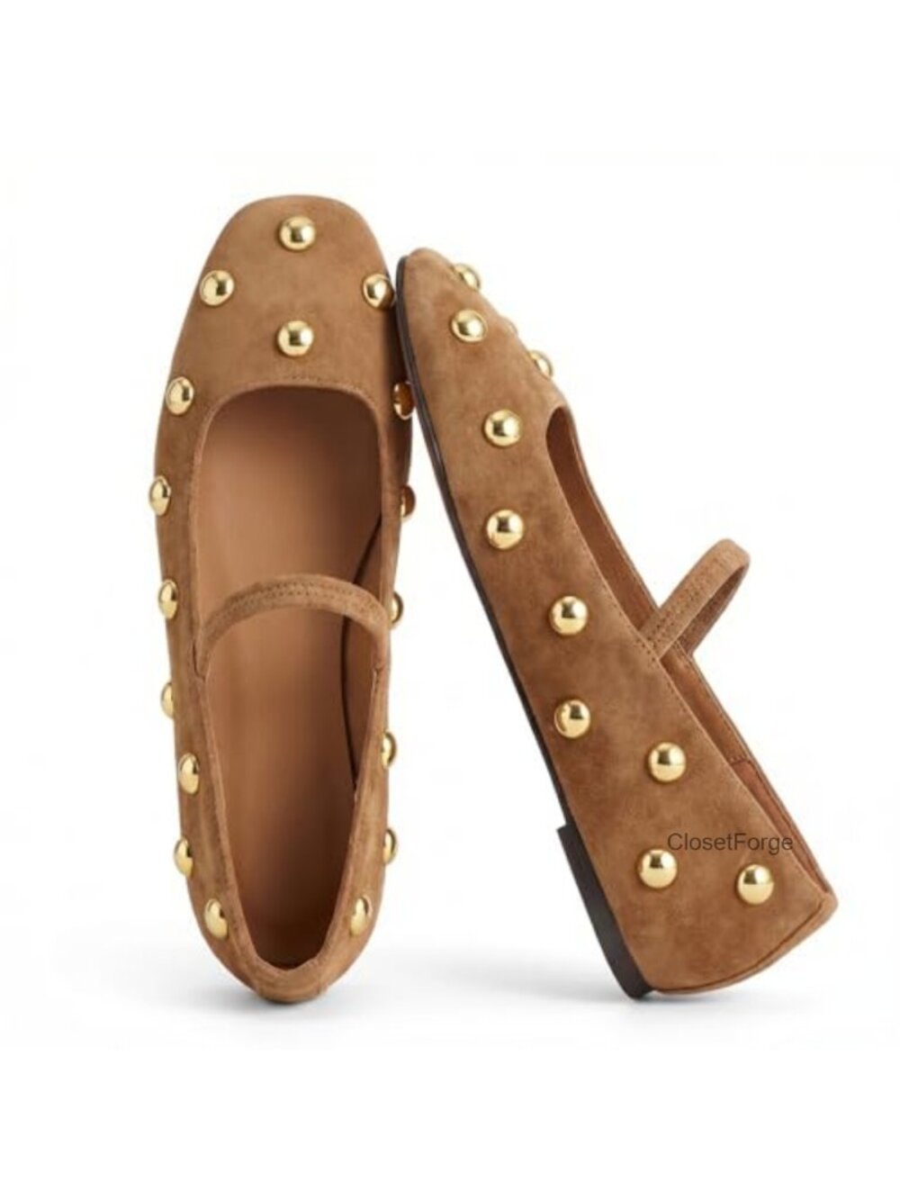 Studded Suede Ballet Flats Women Square Toe Slip On Comfortable Casual